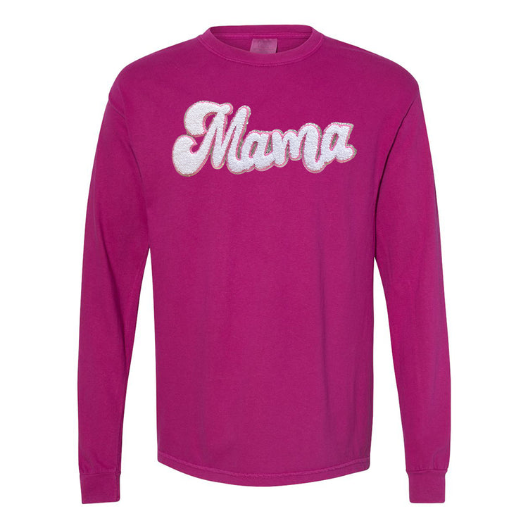 White with Silver Mama Script Letter Patch Long Sleeve T-Shirt