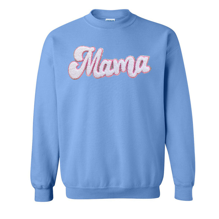 White with Silver Mama Script Letter Patch Crewneck Sweatshirt