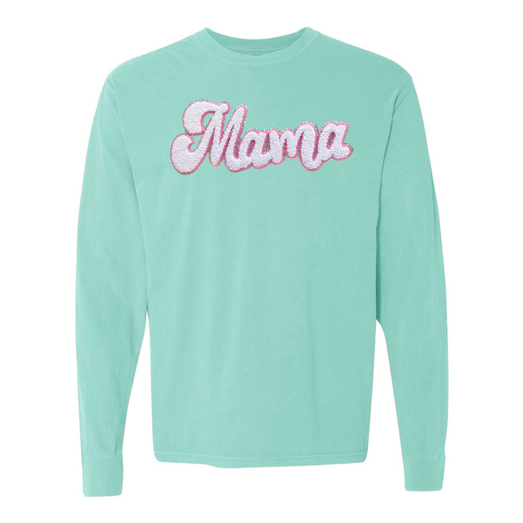 White with Silver Mama Script Letter Patch Long Sleeve T-Shirt