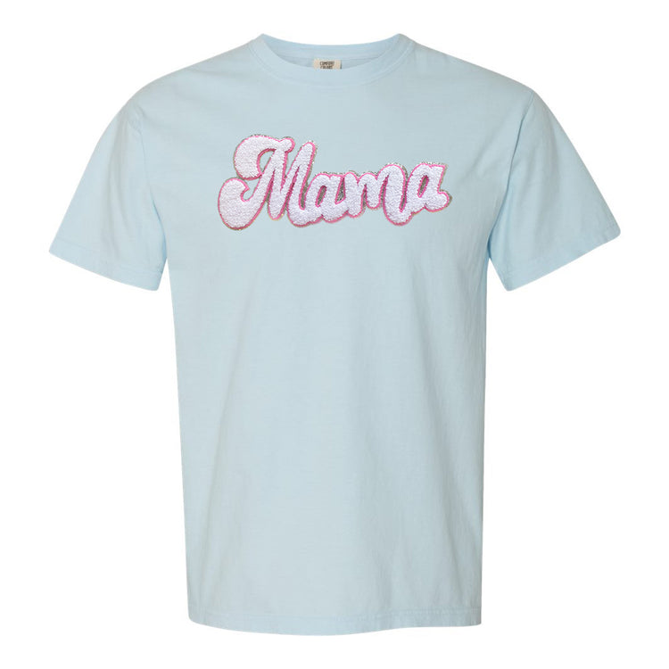 White with Silver Mama Script Letter Patch T-Shirt
