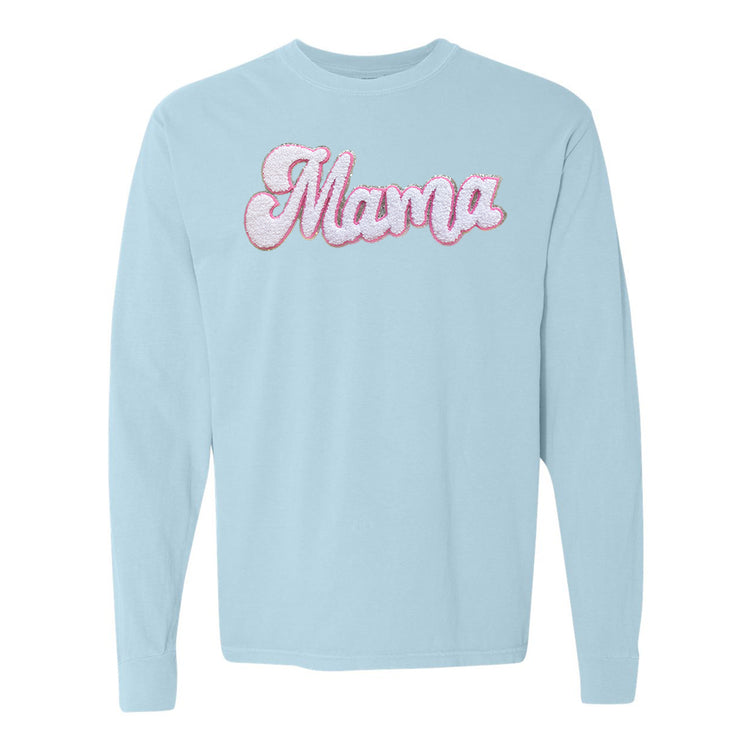 White with Silver Mama Script Letter Patch Long Sleeve T-Shirt