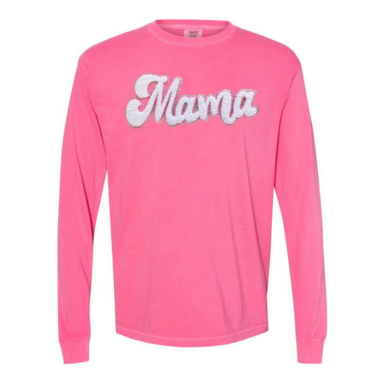 White with Silver Mama Script Letter Patch Long Sleeve T-Shirt