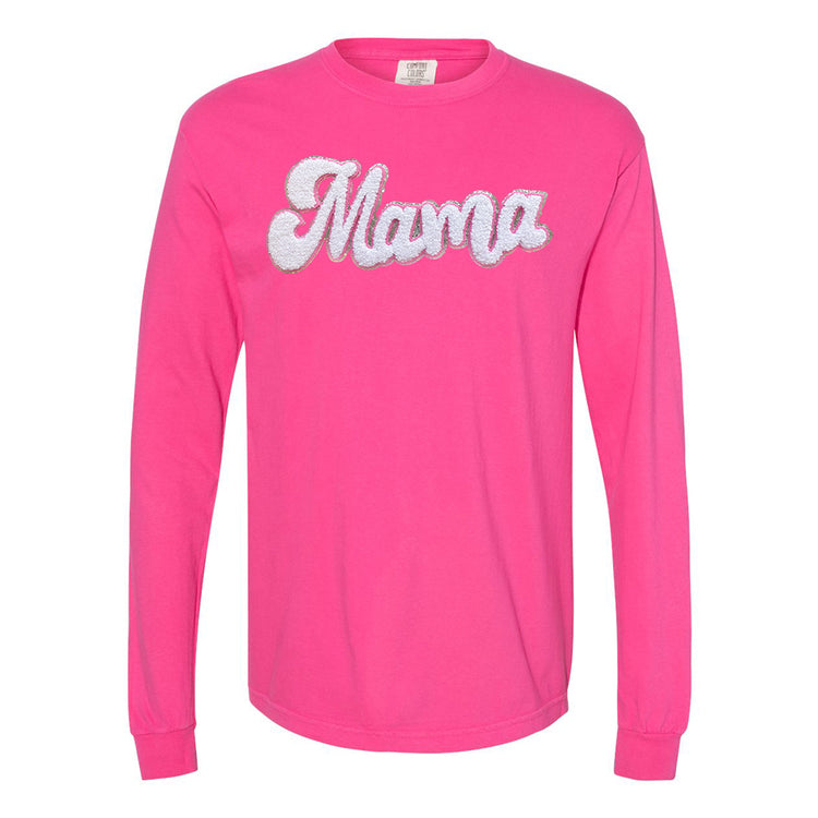 White with Silver Mama Script Letter Patch Long Sleeve T-Shirt