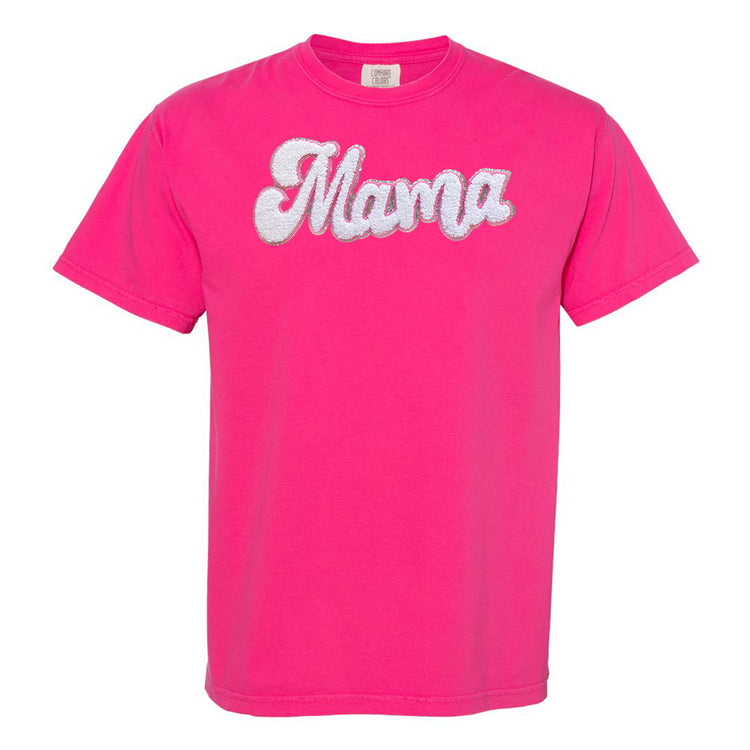 White with Silver Mama Script Letter Patch T-Shirt