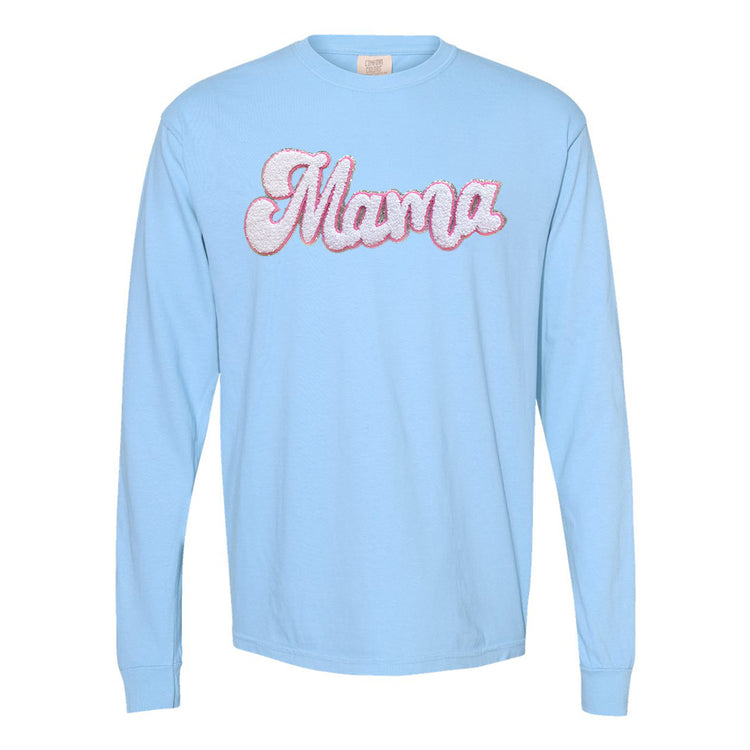 White with Silver Mama Script Letter Patch Long Sleeve T-Shirt