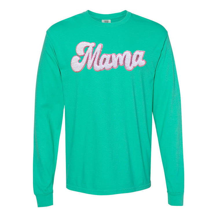 White with Silver Mama Script Letter Patch Long Sleeve T-Shirt