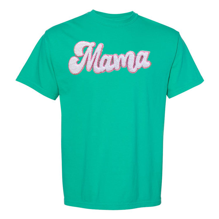 White with Silver Mama Script Letter Patch T-Shirt
