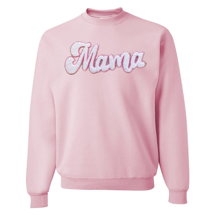 White with Silver Mama Script Letter Patch Crewneck Sweatshirt