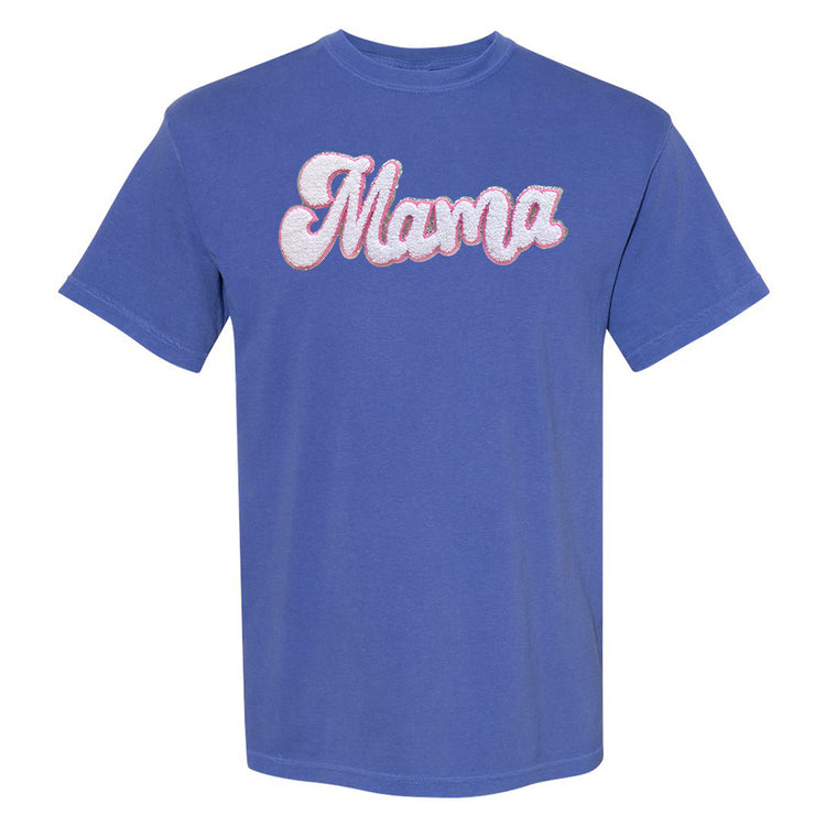 White with Silver Mama Script Letter Patch T-Shirt