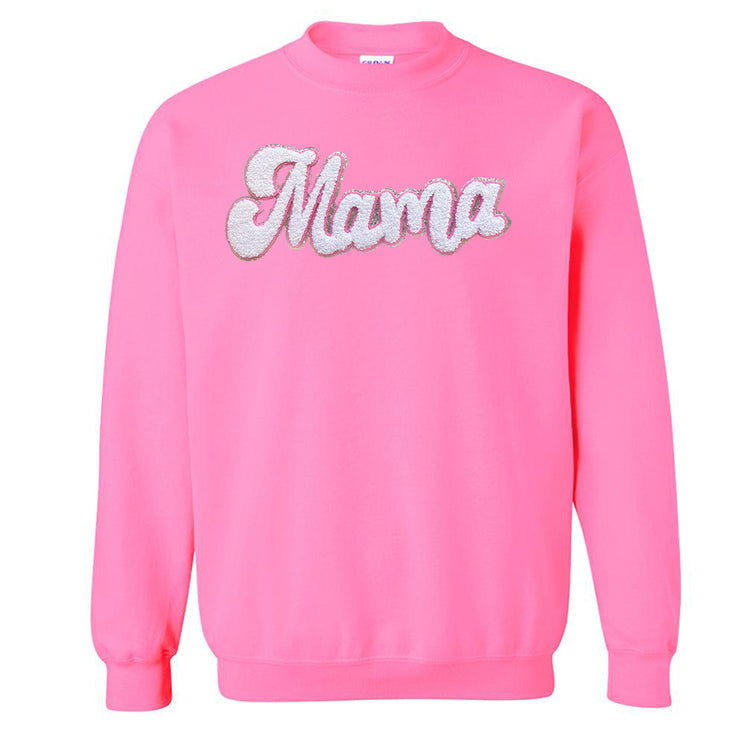 White with Silver Mama Script Letter Patch Crewneck Sweatshirt