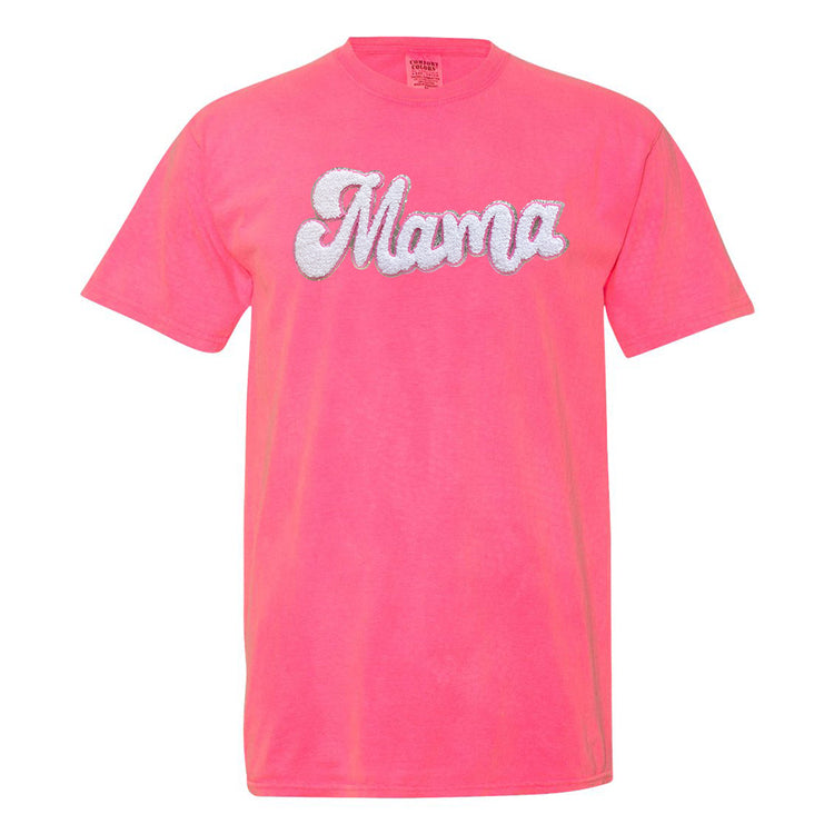 White with Silver Mama Script Letter Patch T-Shirt