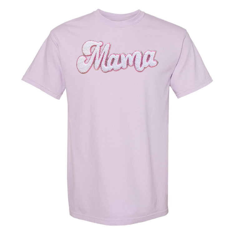 White with Silver Mama Script Letter Patch T-Shirt