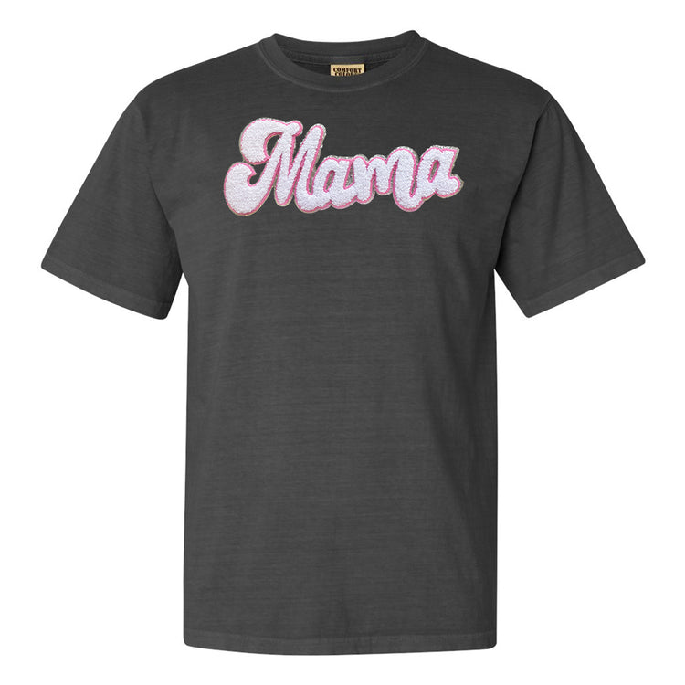 White with Silver Mama Script Letter Patch T-Shirt