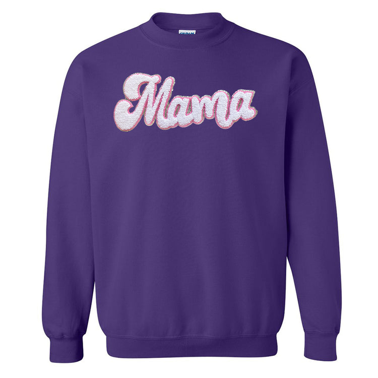 White with Silver Mama Script Letter Patch Crewneck Sweatshirt