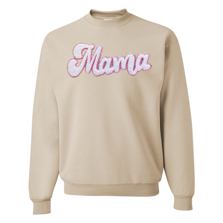 White with Silver Mama Script Letter Patch Crewneck Sweatshirt