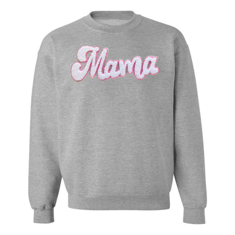 White with Silver Mama Script Letter Patch Crewneck Sweatshirt