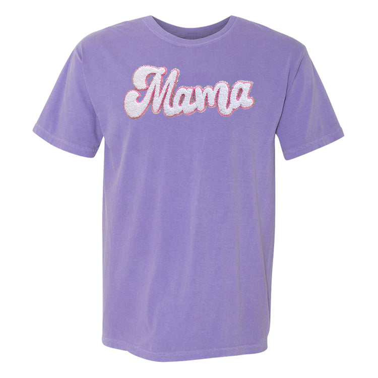 White with Silver Mama Script Letter Patch T-Shirt