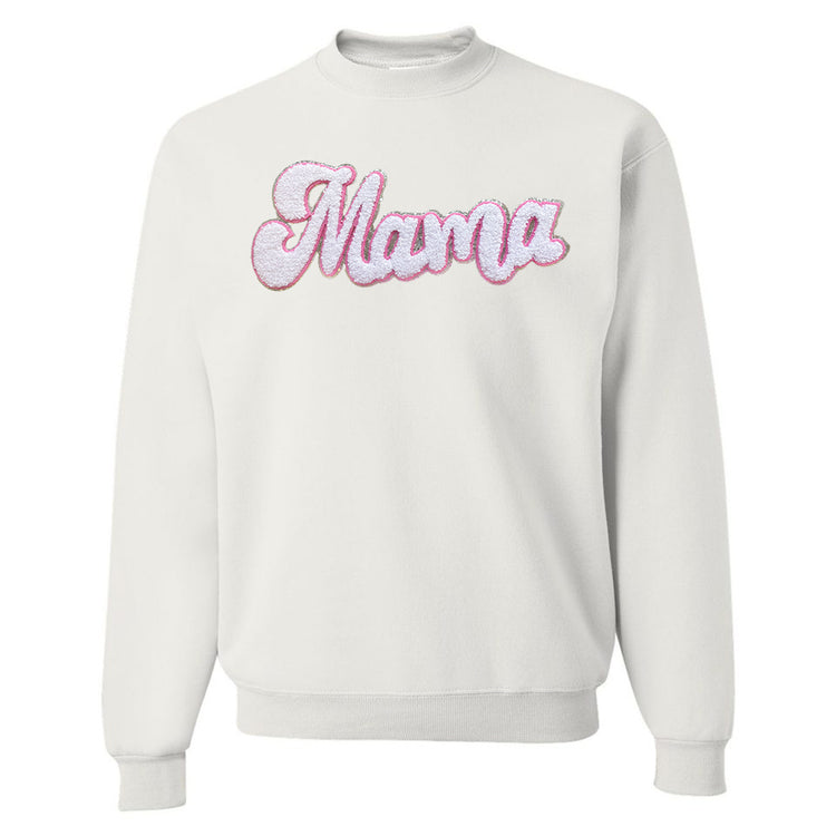 White with Silver Mama Script Letter Patch Crewneck Sweatshirt
