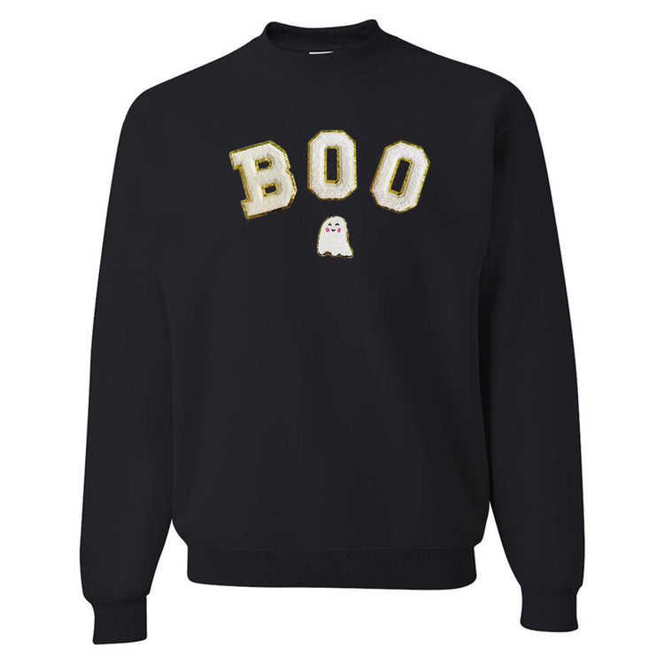 Boo Letter Patch Crewneck Sweatshirt- White Patches - Curved with Ghost