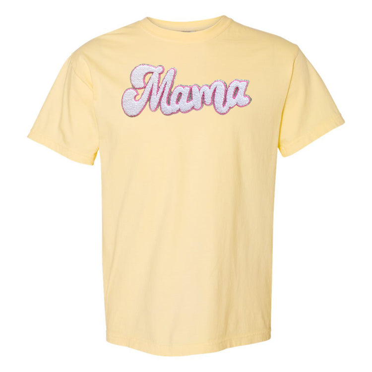 White with Silver Mama Script Letter Patch T-Shirt