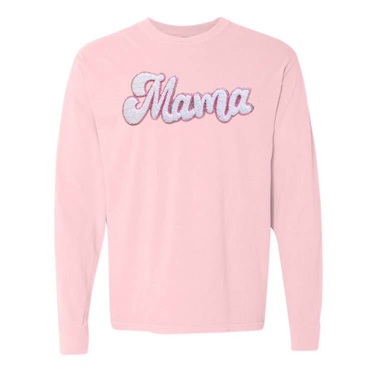 White with Silver Mama Script Letter Patch Long Sleeve T-Shirt