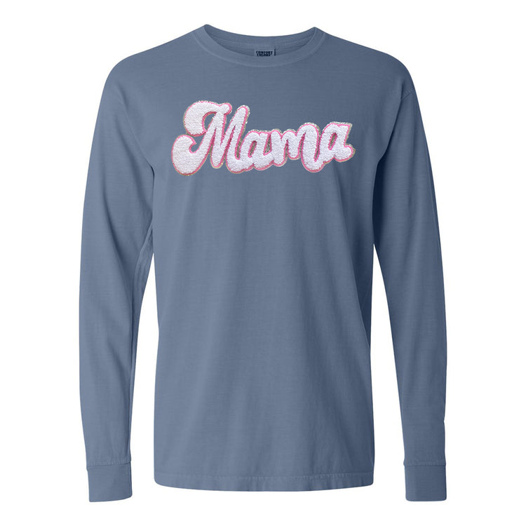 White with Silver Mama Script Letter Patch Long Sleeve T-Shirt