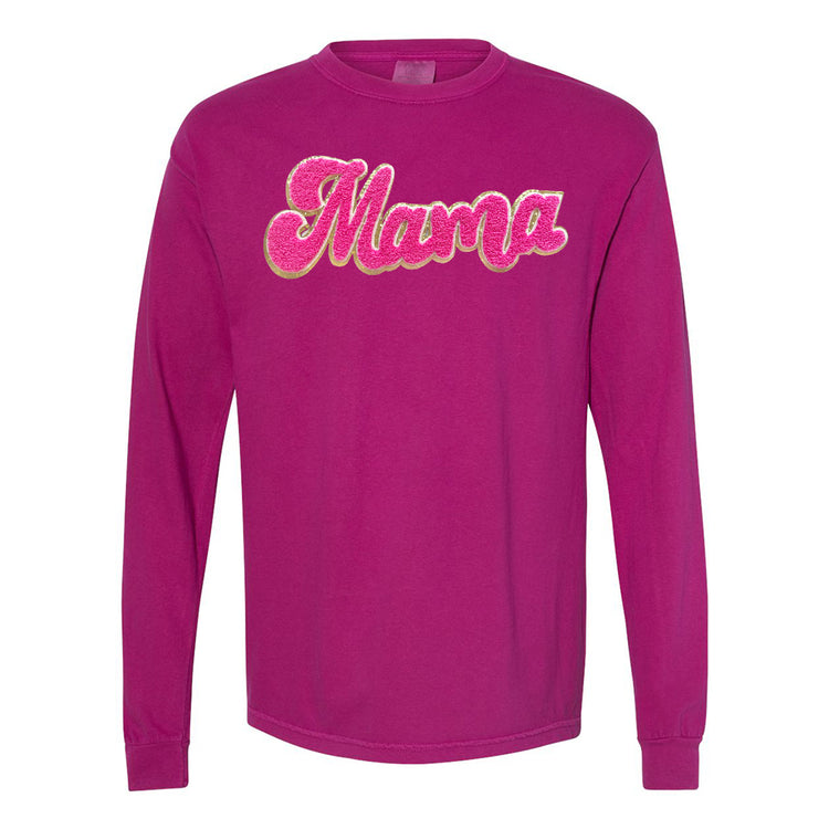 Hot Pink Mama Script Letter Patch Long Sleeve T-Shirt