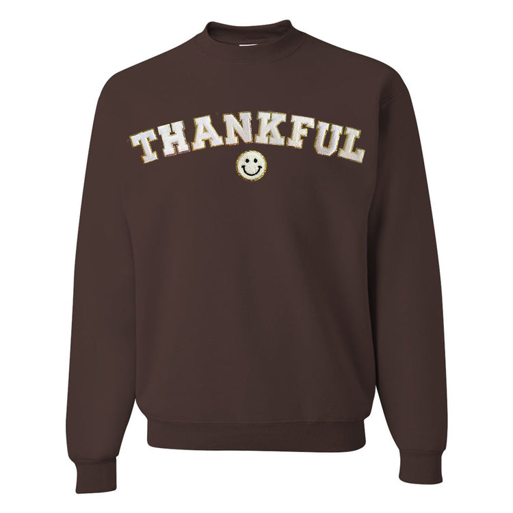 Thankful Letter Patch Crewneck Sweatshirt- Curved With Smiley