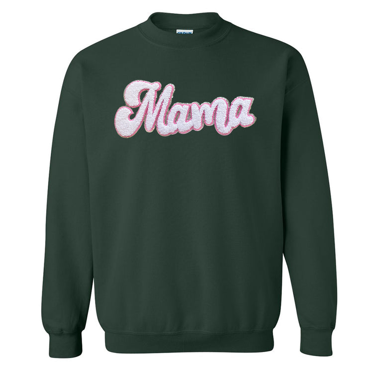 White with Silver Mama Script Letter Patch Crewneck Sweatshirt