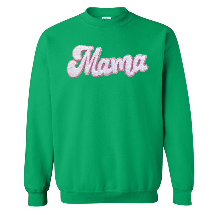 White with Silver Mama Script Letter Patch Crewneck Sweatshirt