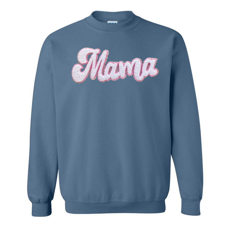 White with Silver Mama Script Letter Patch Crewneck Sweatshirt