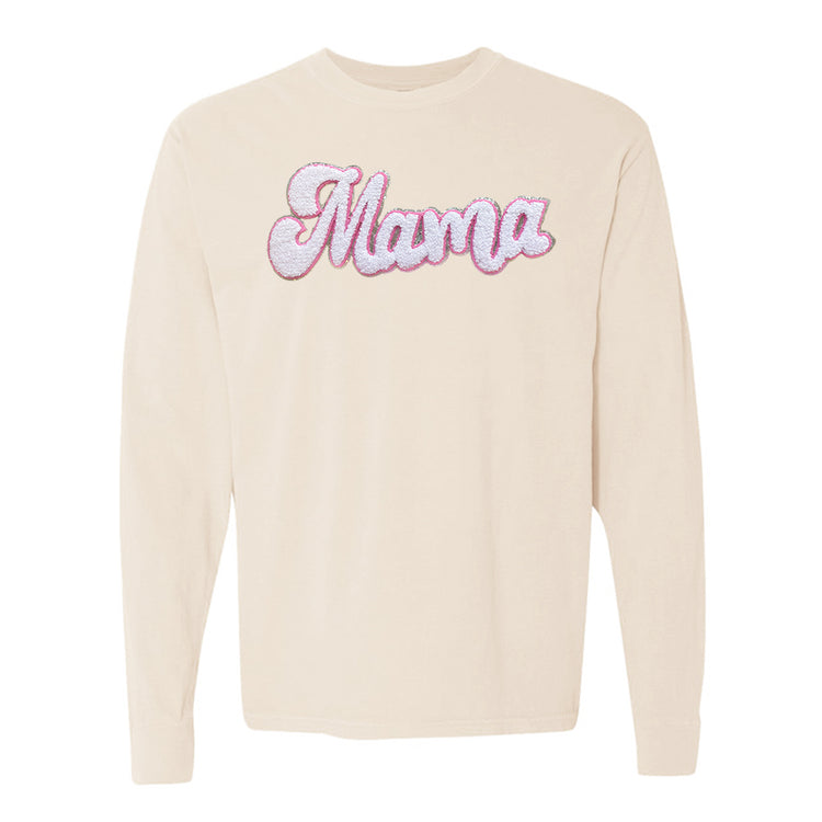 White with Silver Mama Script Letter Patch Long Sleeve T-Shirt