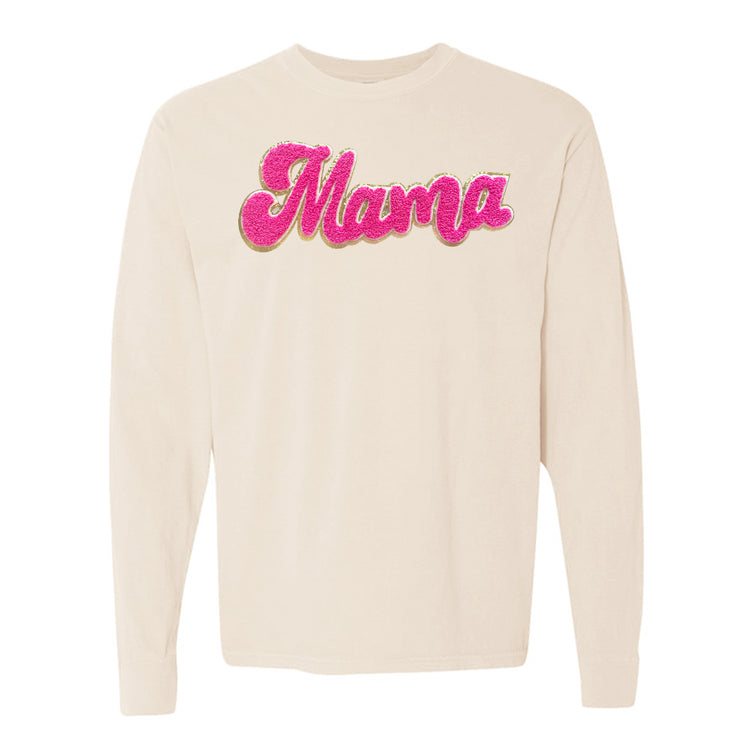 Hot Pink Mama Script Letter Patch Long Sleeve T-Shirt