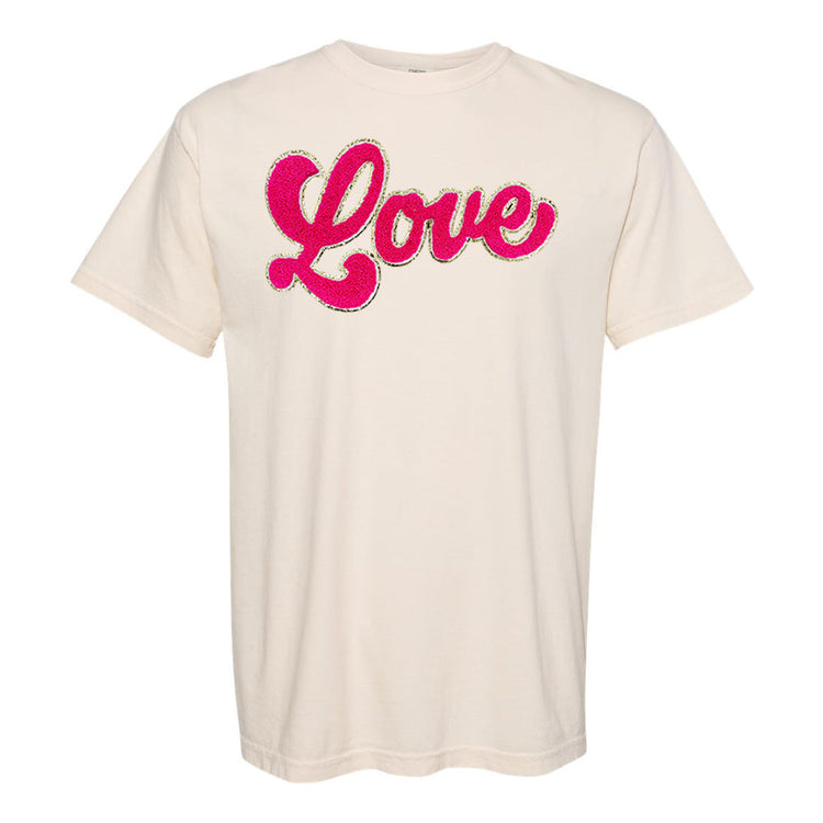 Script Hot Pink Love Letter Patch Comfort Colors T-Shirt