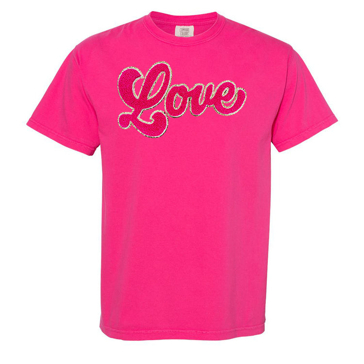 Script Hot Pink Love Letter Patch Comfort Colors T-Shirt
