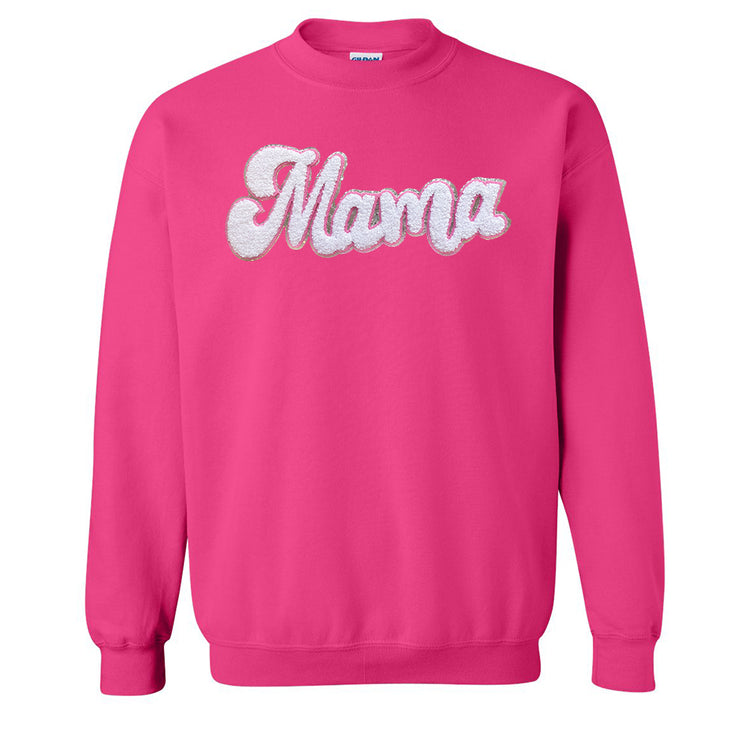 White with Silver Mama Script Letter Patch Crewneck Sweatshirt