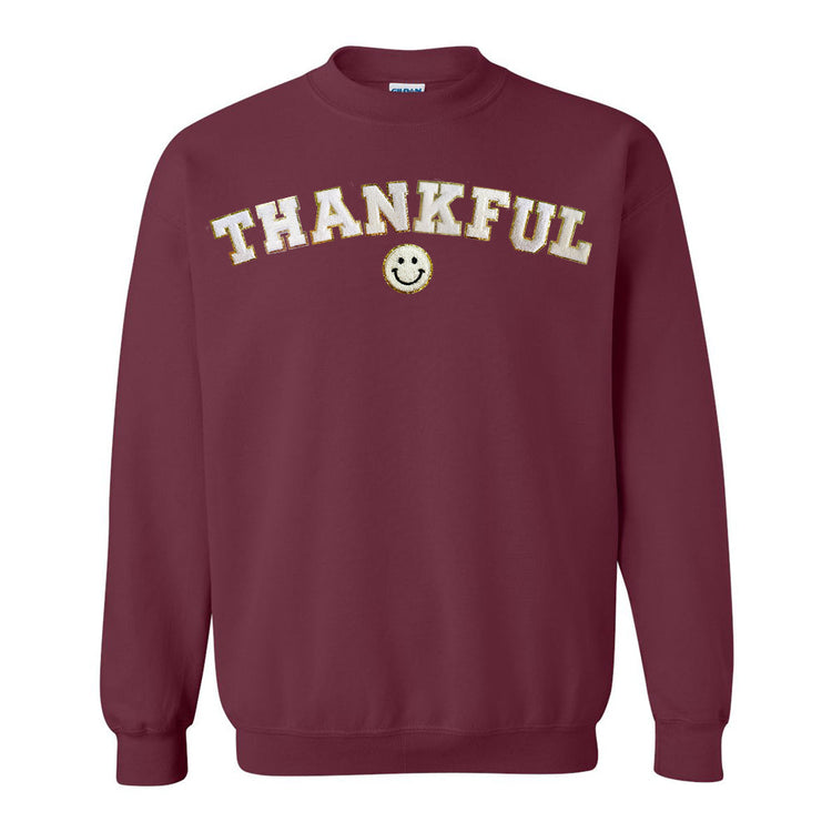 Thankful Letter Patch Crewneck Sweatshirt- Curved With Smiley