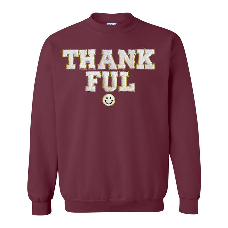 Thankful Letter Patch Crewneck Sweatshirt- Stacked With Smiley