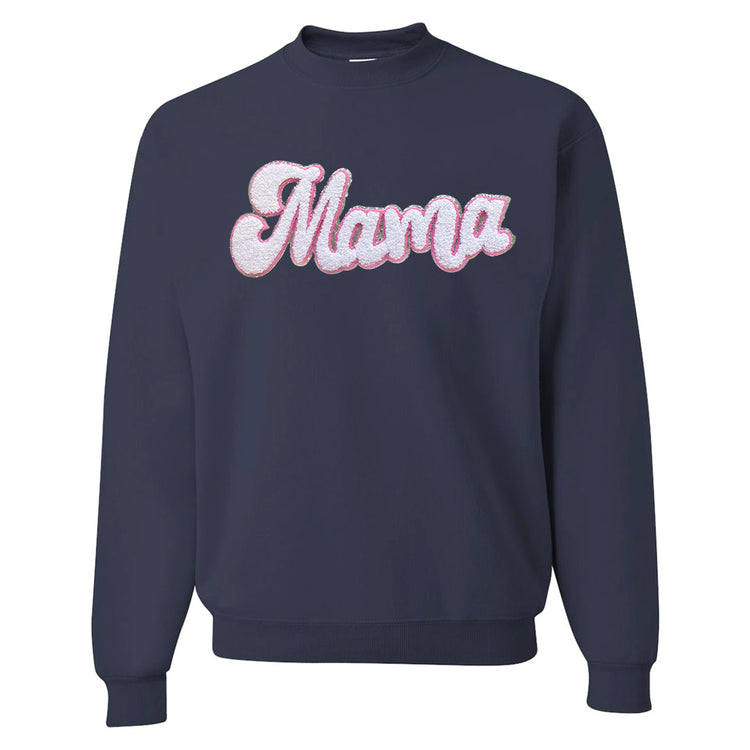 White with Silver Mama Script Letter Patch Crewneck Sweatshirt