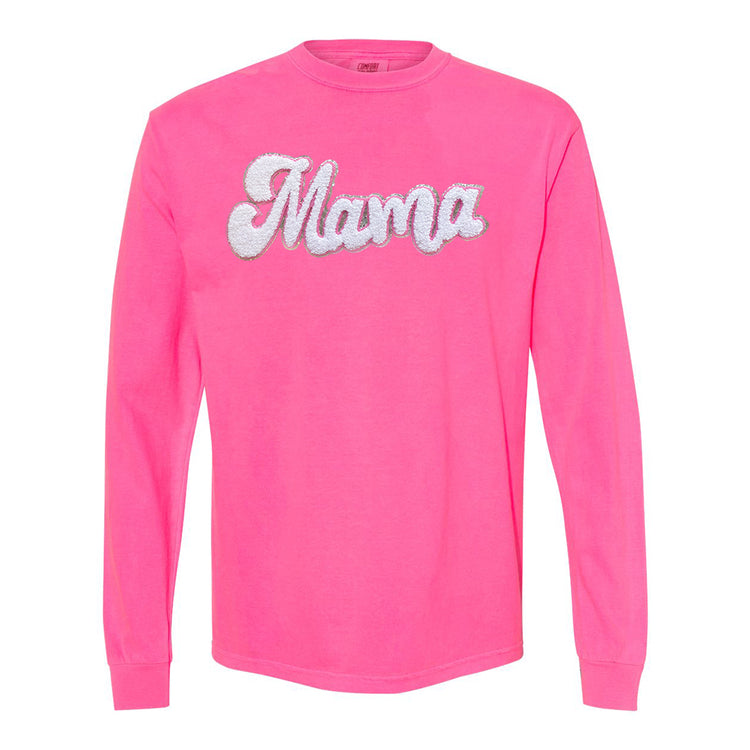 White with Silver Mama Script Letter Patch Long Sleeve T-Shirt