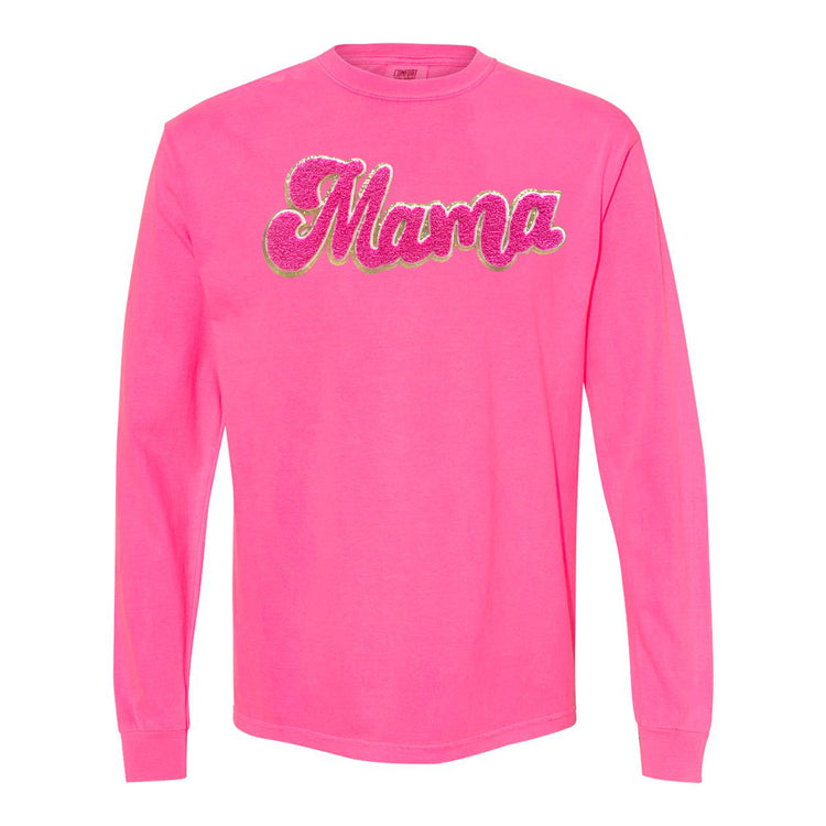 Hot Pink Mama Script Letter Patch Long Sleeve T-Shirt