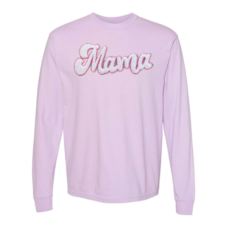 White with Silver Mama Script Letter Patch Long Sleeve T-Shirt