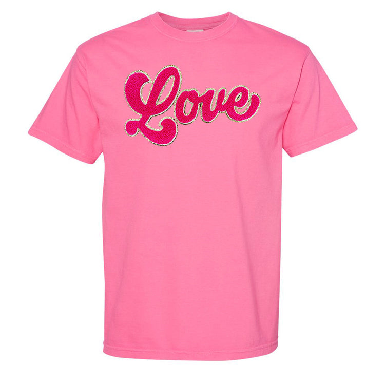Script Hot Pink Love Letter Patch Comfort Colors T-Shirt