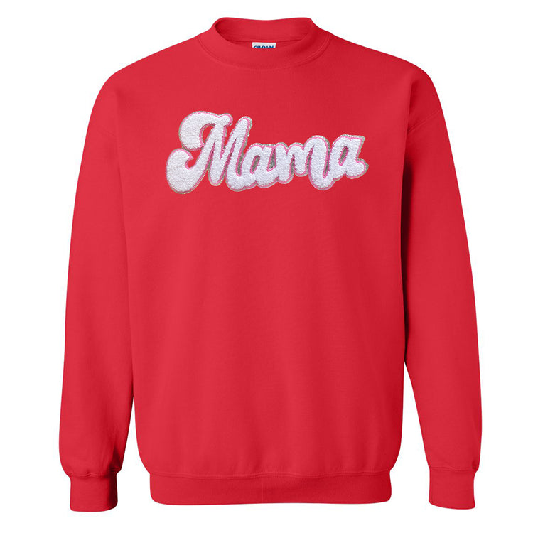 White with Silver Mama Script Letter Patch Crewneck Sweatshirt