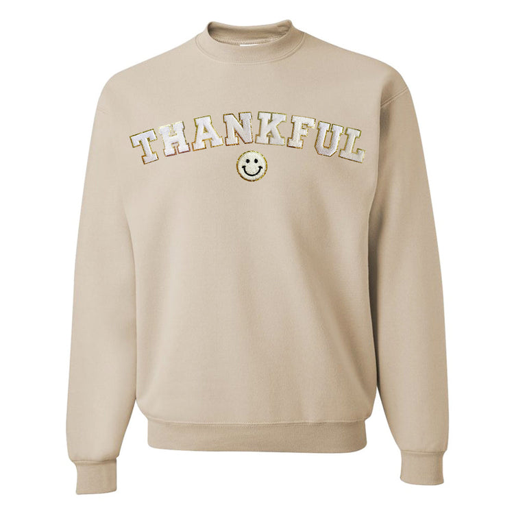 Thankful Letter Patch Crewneck Sweatshirt- Curved With Smiley
