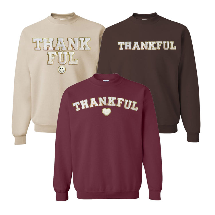 Thankful Letter Patch Crewneck Sweatshirt- Curved With Smiley