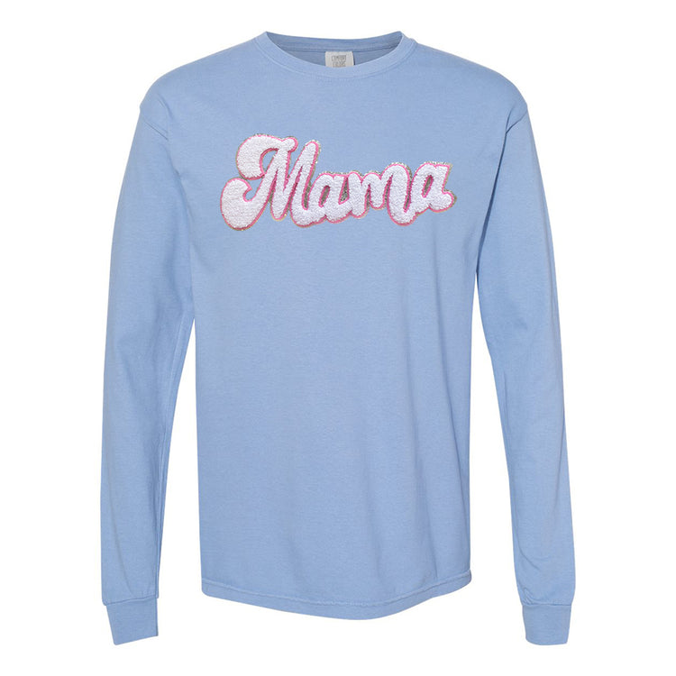 White with Silver Mama Script Letter Patch Long Sleeve T-Shirt