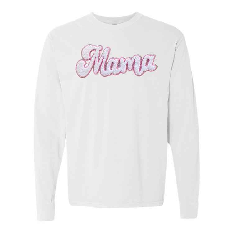 White with Silver Mama Script Letter Patch Long Sleeve T-Shirt