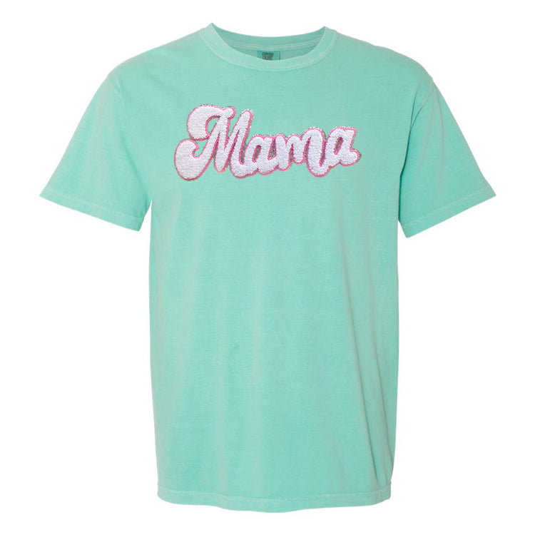White with Silver Mama Script Letter Patch T-Shirt