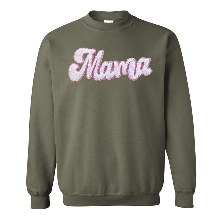 White with Silver Mama Script Letter Patch Crewneck Sweatshirt